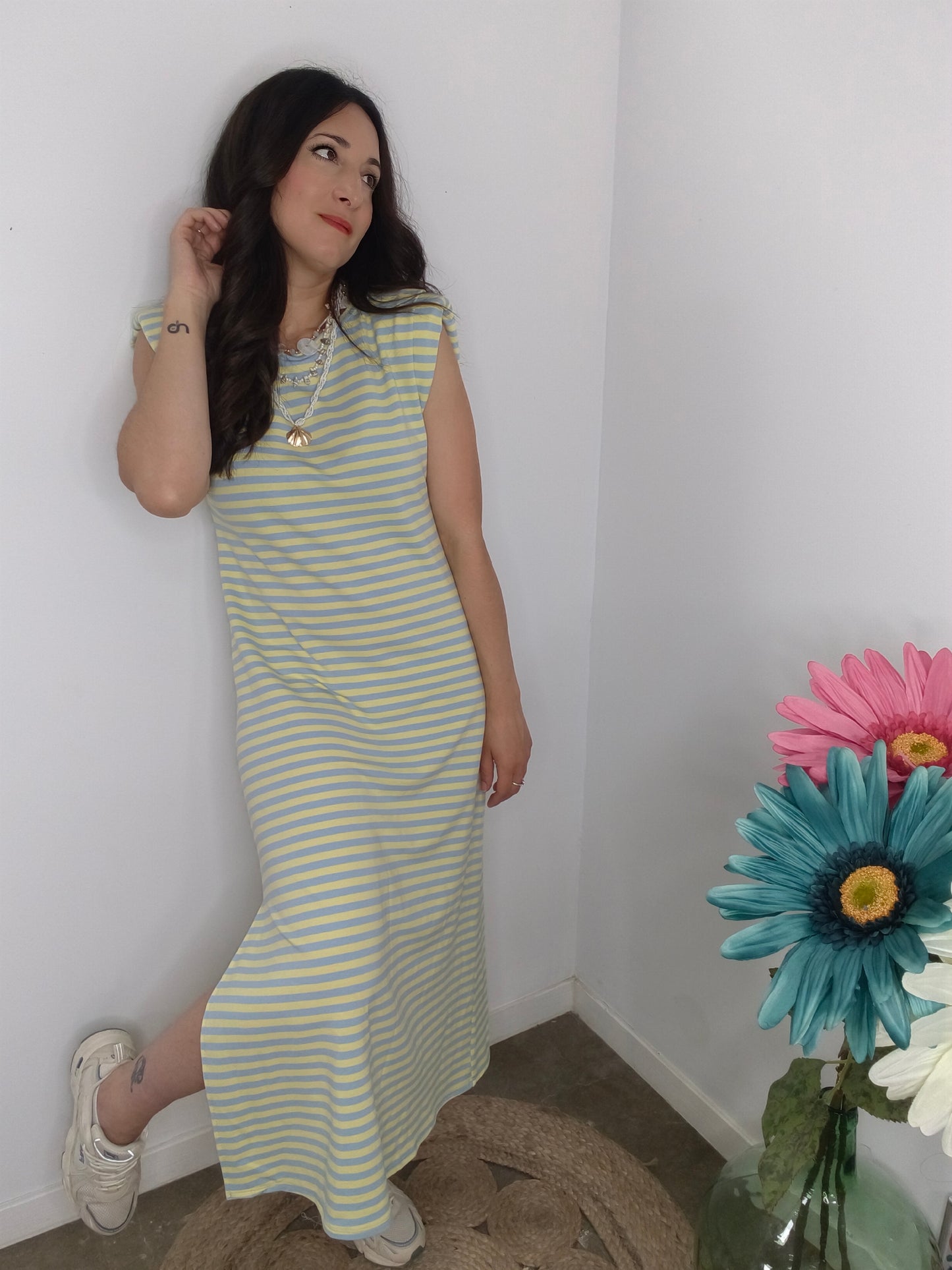 Vestido Rayas Hombrera verde/amarillo