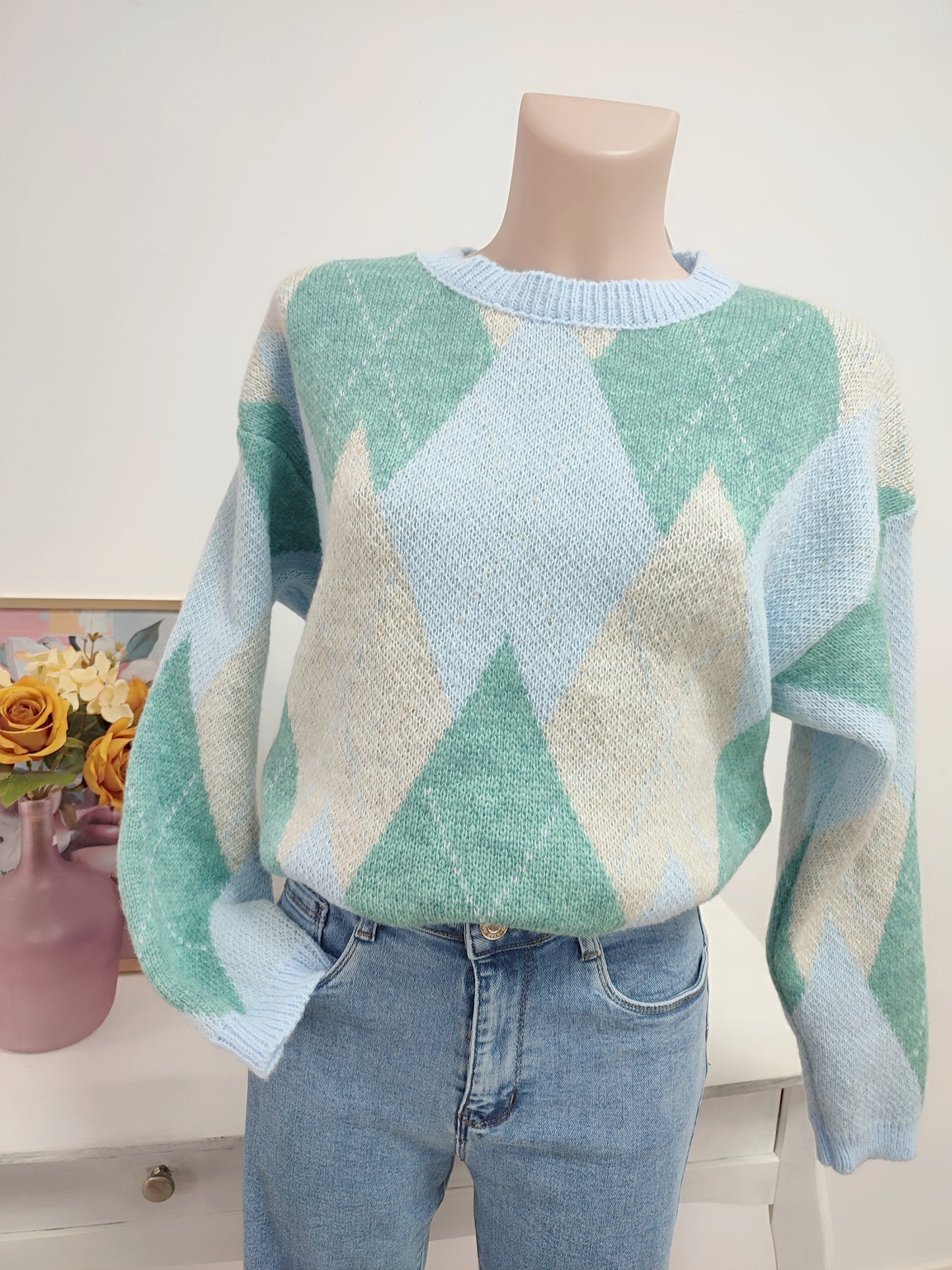 Jersey Rombos turquesa + beig