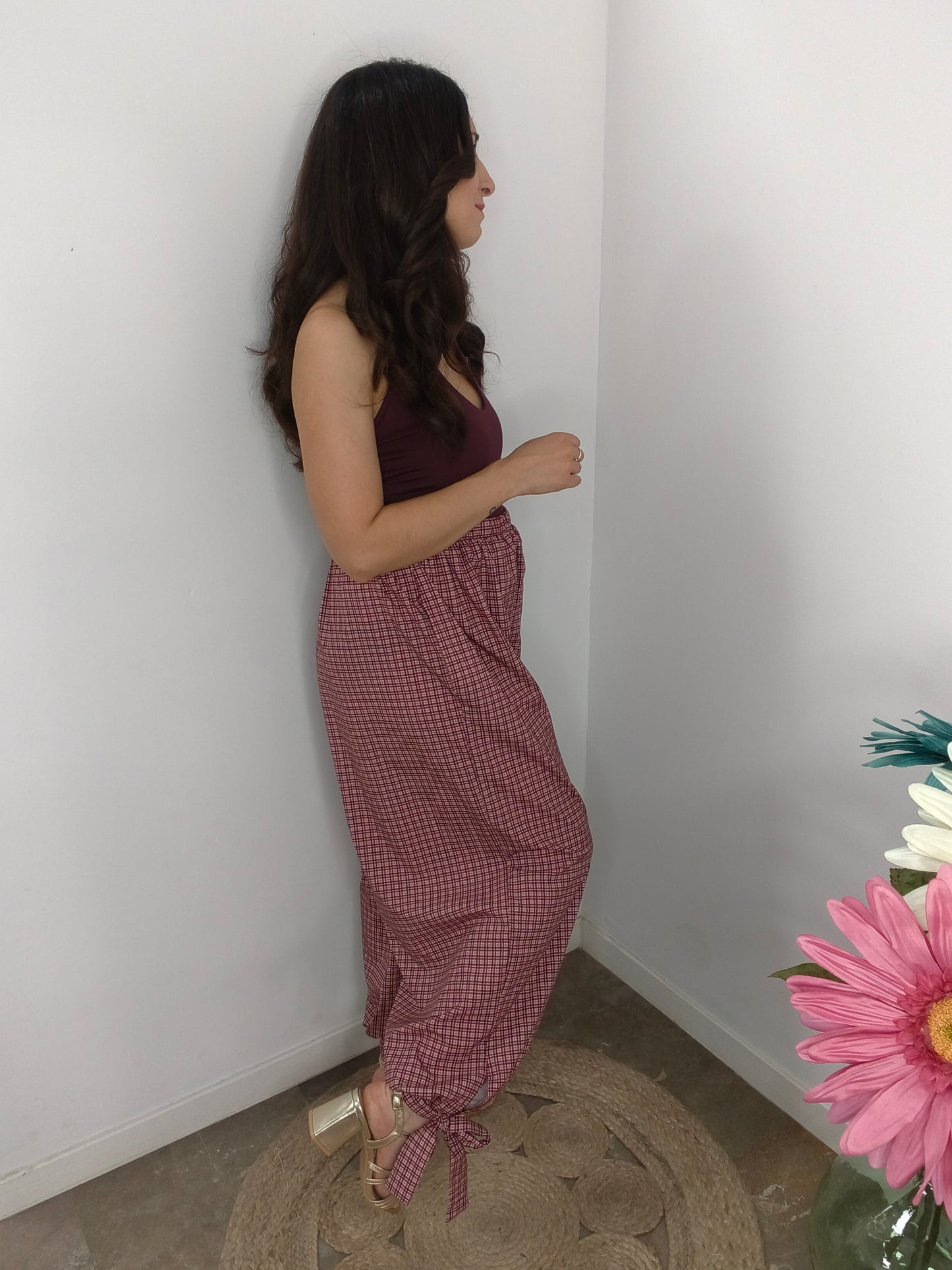 Pantalón Lazo Cuadros Burdeos