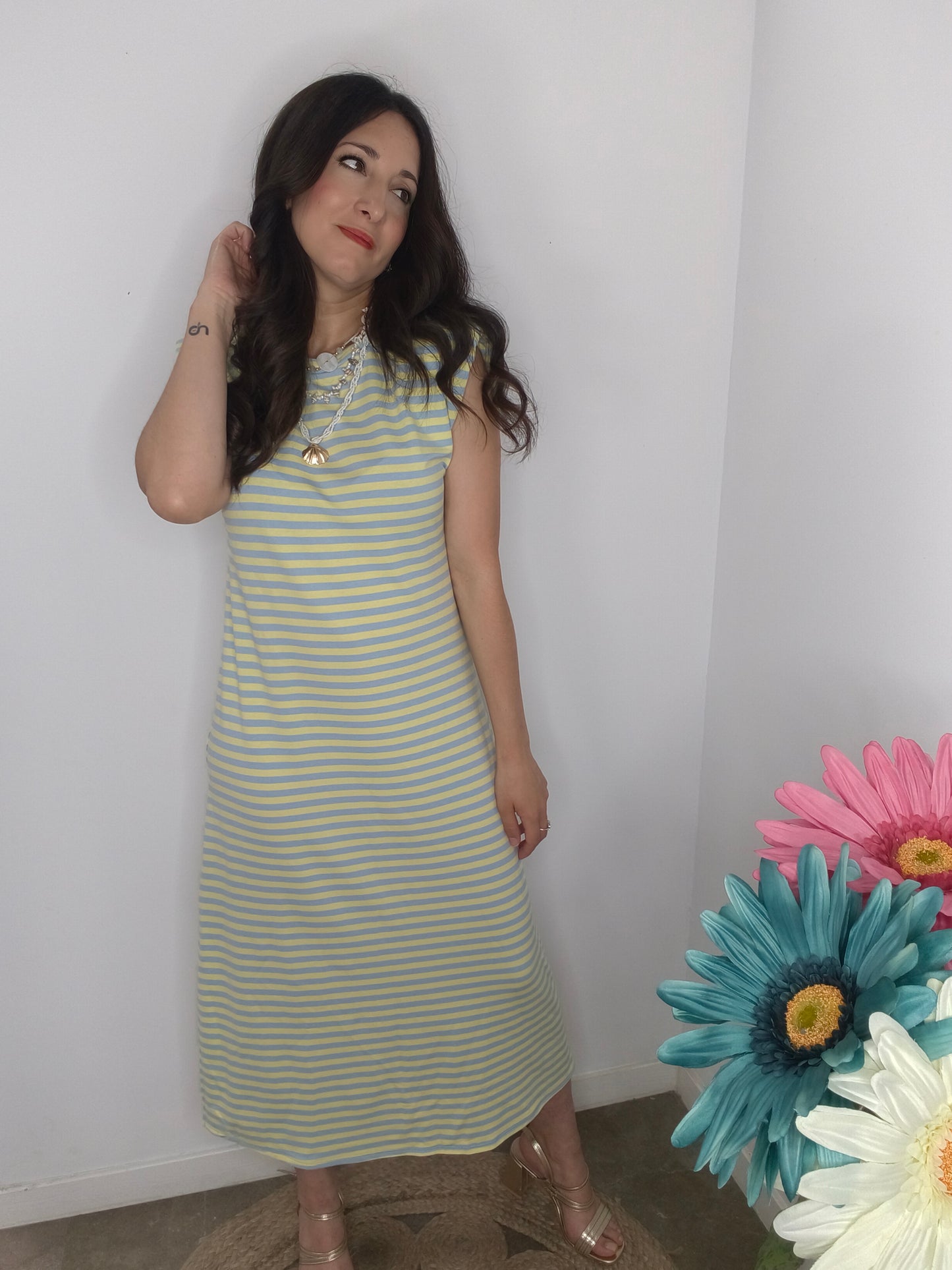 Vestido Rayas Hombrera verde/amarillo