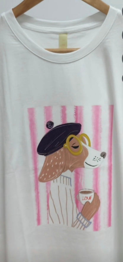 Camiseta Perro Coffee Rosa