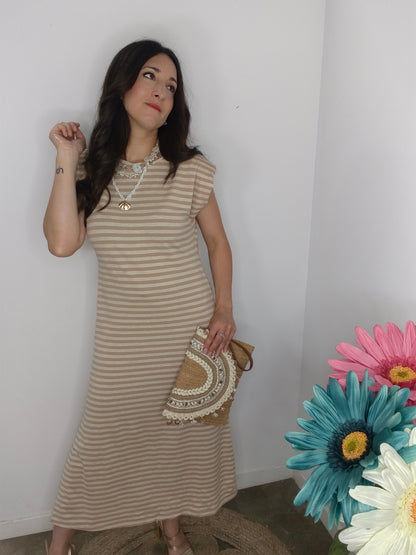 Vestido Rayas Hombrera Camel/Beig