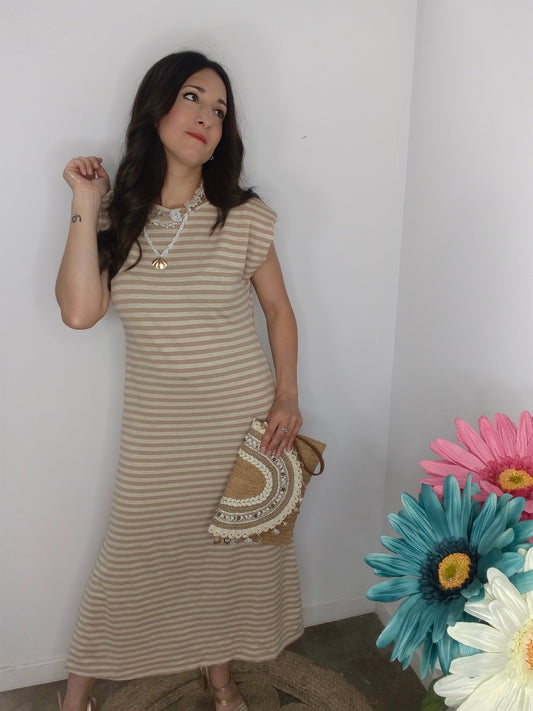Vestido Rayas Hombrera Camel/Beig