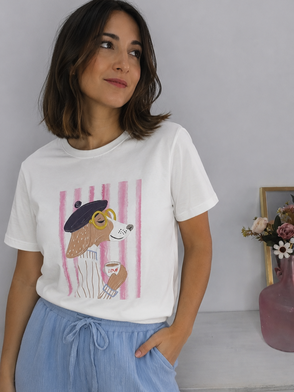 Camiseta Perro Coffee Rosa