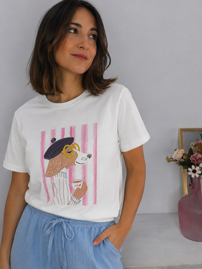 Camiseta Perro Coffee Rosa