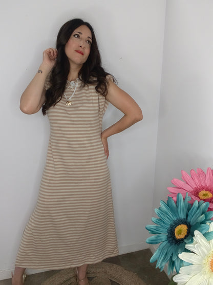 Vestido Rayas Hombrera Camel/Beig
