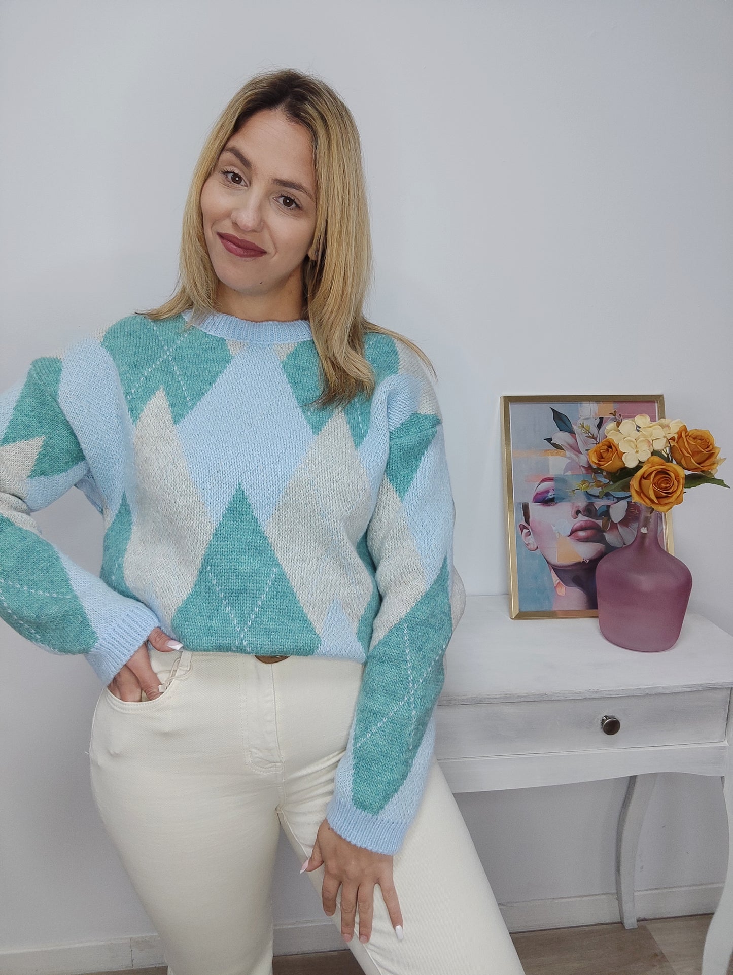 Jersey Rombos turquesa + beig