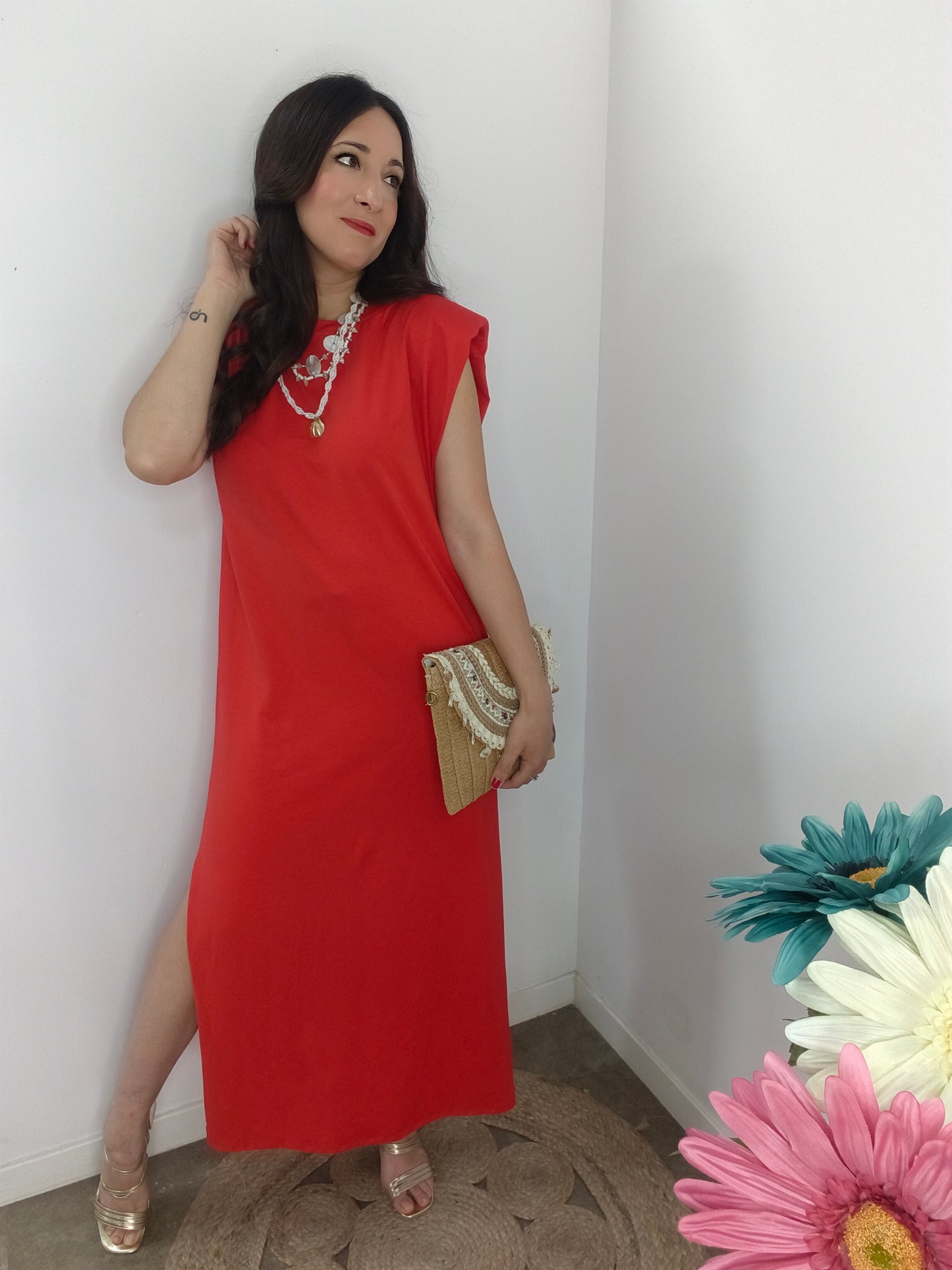 Vestido Hombreras Rojo