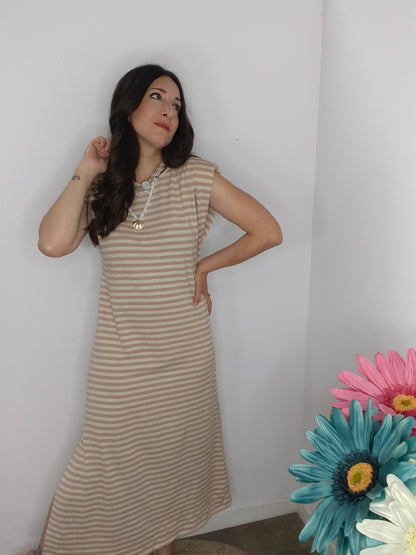 Vestido Rayas Hombrera Camel/Beig