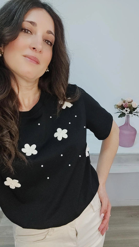 CAMISETA APLIQUE FLORES CROCHET