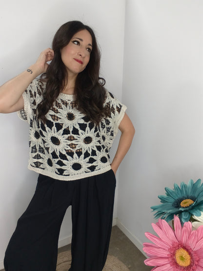 Blusa Crochet Floral Negra