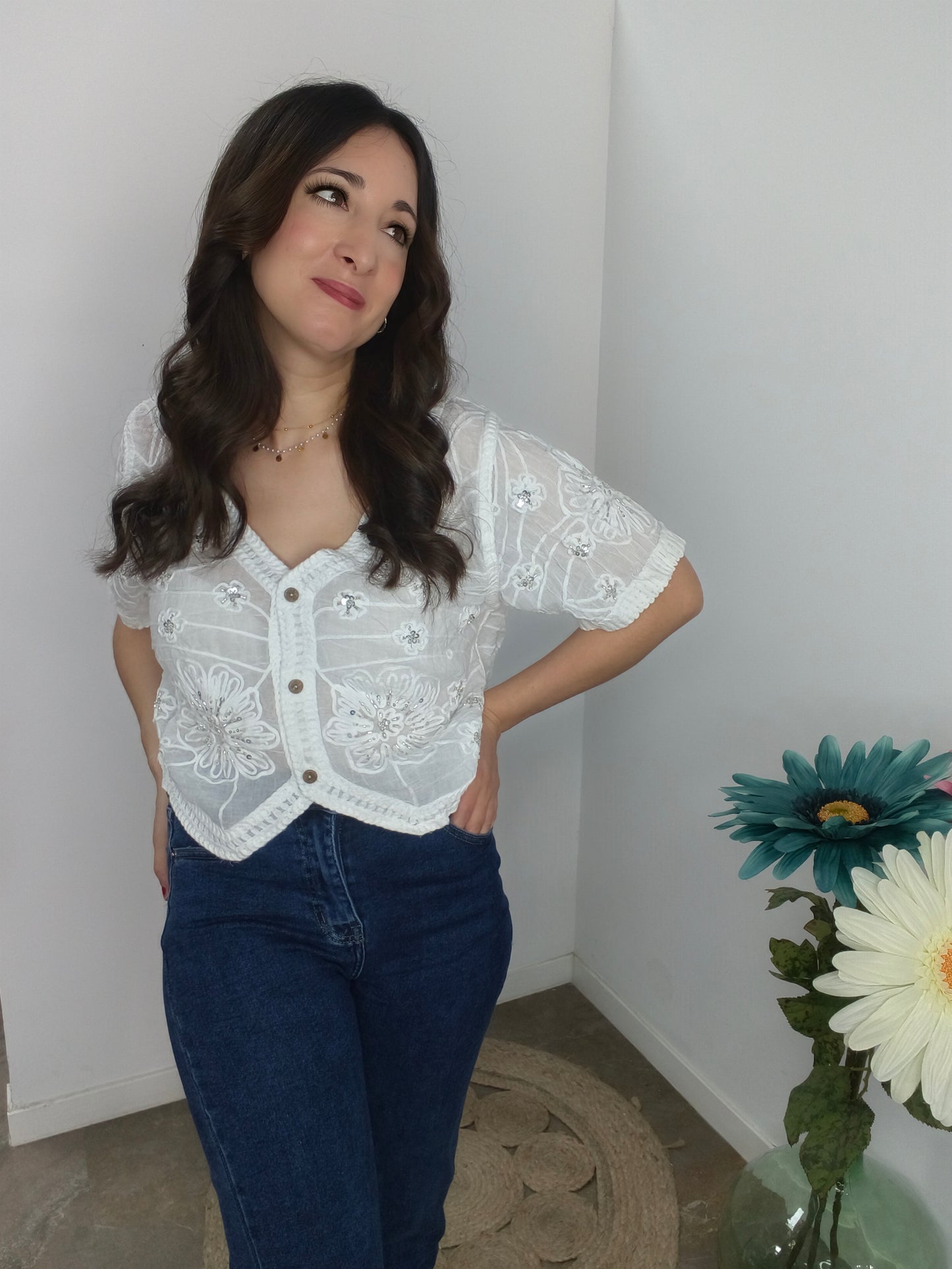 Chaqueta Flor Joya Blanca