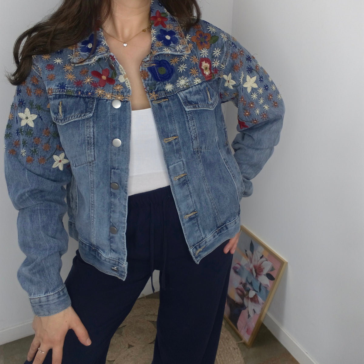 Chaqueta Denim Flores Bordadas
