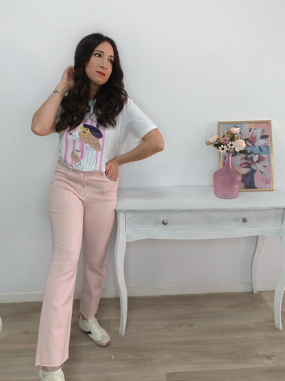 Jeans flare rosa pastel etiqueta roja